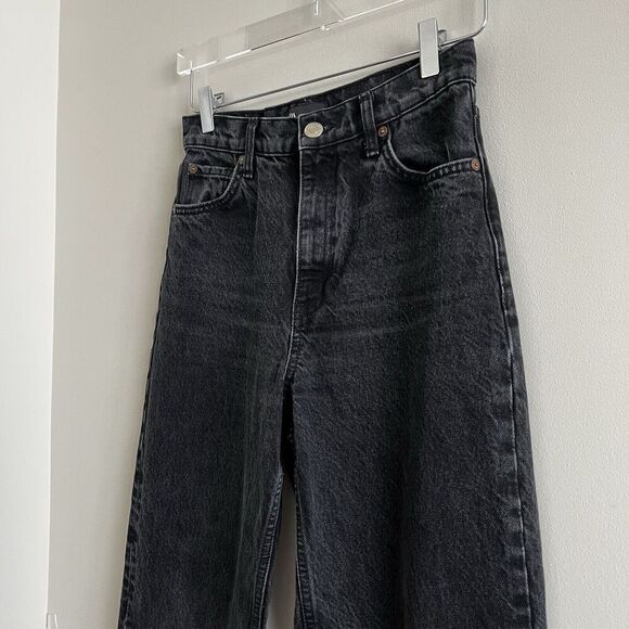 ZARA Wide Leg Raw Hem Jeans Sz 4 Black High Waist Relaxed 100% Cotton Classic - Picture 8 of 10